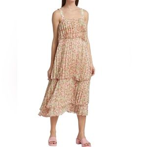 Something Navy Floral Print Pleated Tiered Maxi Dress in Cream Multi